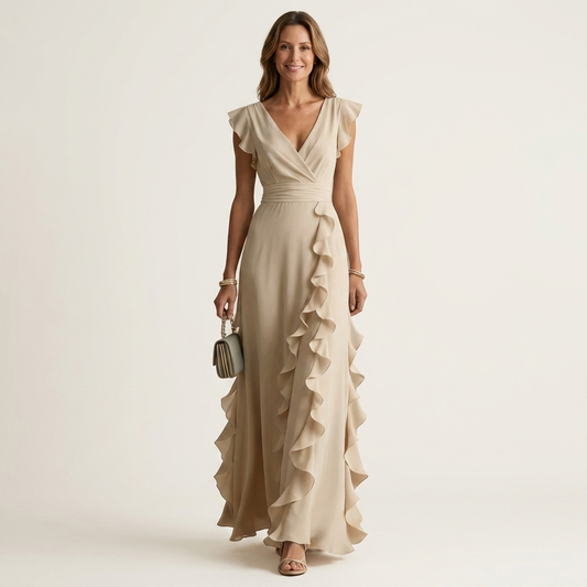 Nellyana | Vestido Largo Cruzado Escote V, Mangas Mariposa y Volante Cascada
