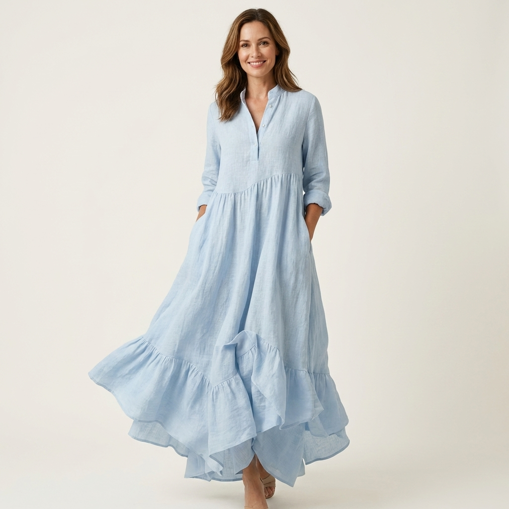 Jilana | Vestido Maxi con Cuello Alto, Botones Delanteros y Dobladillo con Volantes