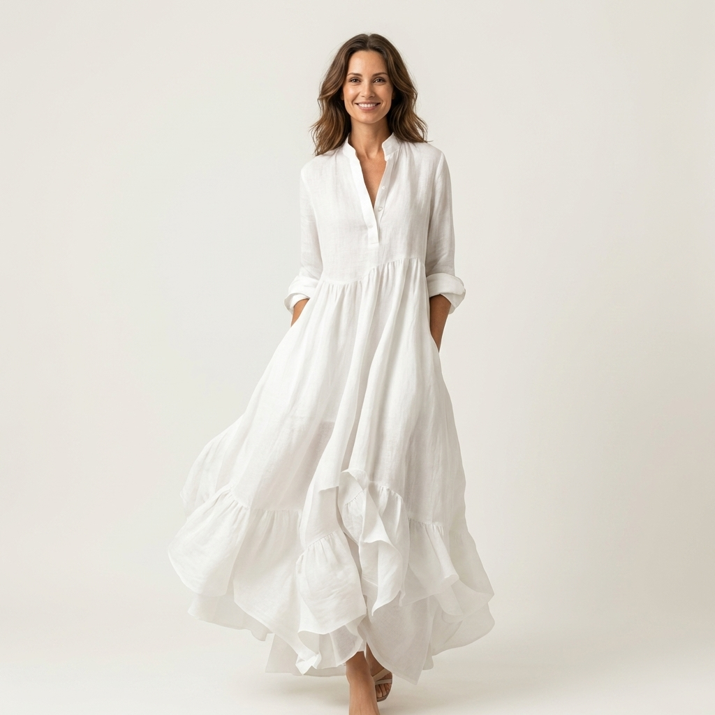 Jilana | Vestido Maxi con Cuello Alto, Botones Delanteros y Dobladillo con Volantes