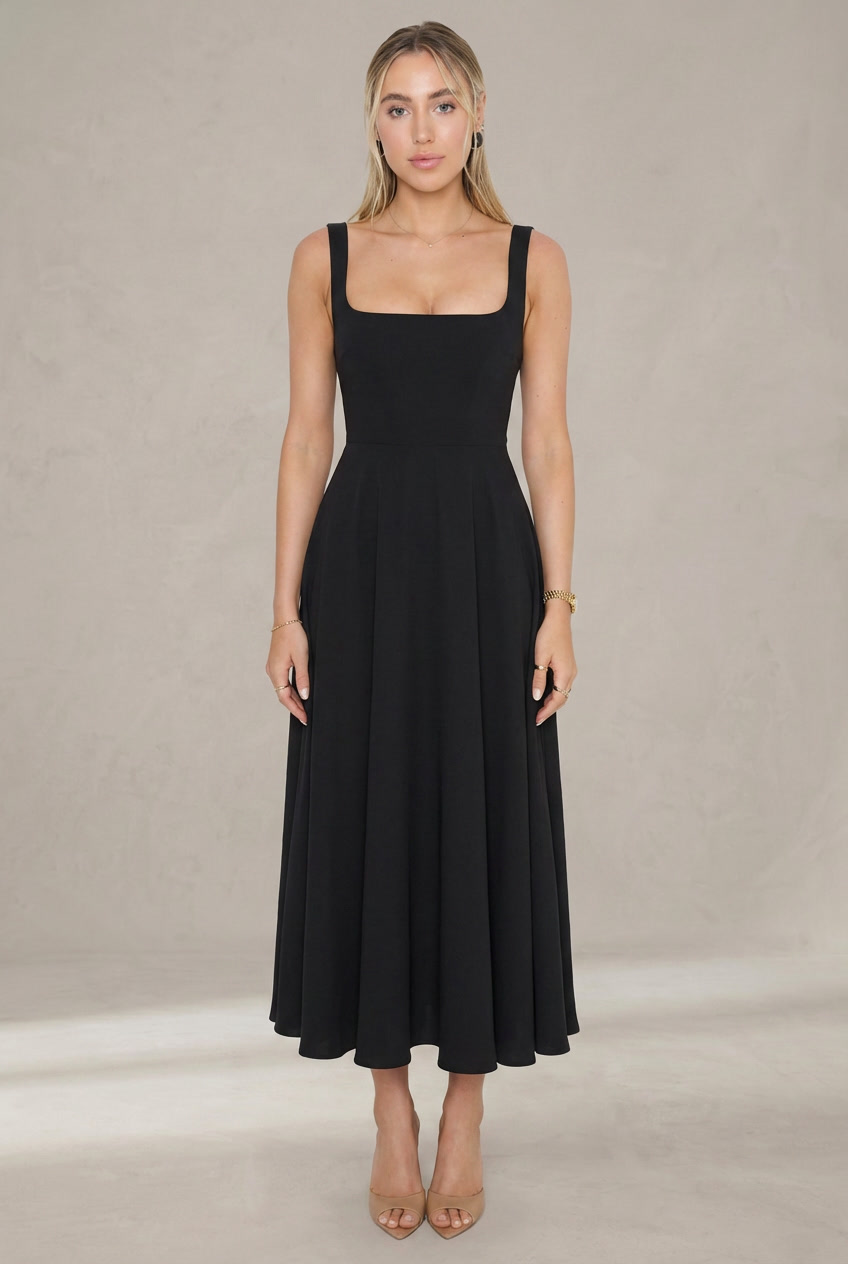Grace | Vestido Midi Fluido con Escote Cuadrado