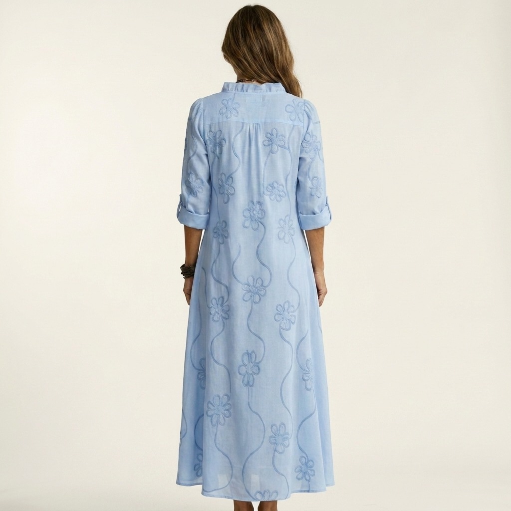 Mariam | Vestido Largo de Algodón y Lino con Bordado Floral Tono Sobre Tono