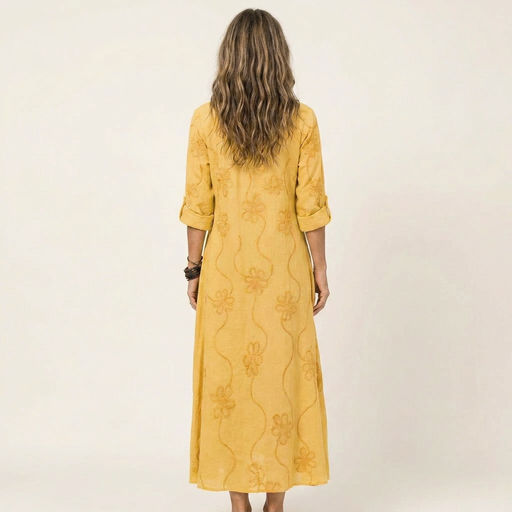Mariam | Vestido Largo de Algodón y Lino con Bordado Floral Tono Sobre Tono