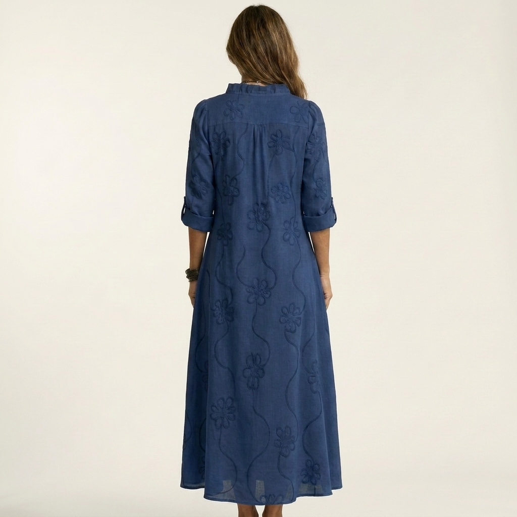 Mariam | Vestido Largo de Algodón y Lino con Bordado Floral Tono Sobre Tono