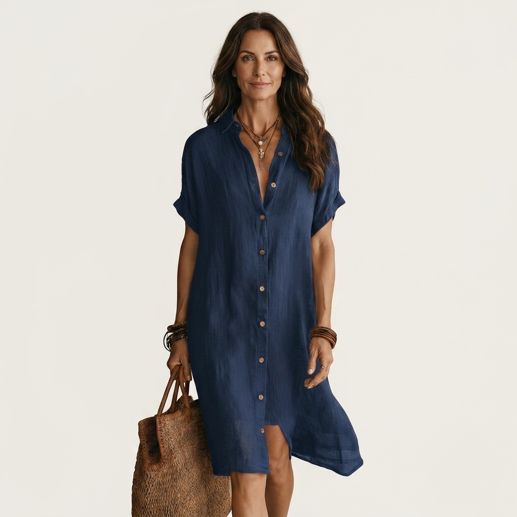 Nidalie | Vestido Camisero Midi de Algodón-lino con Puños Vueltos