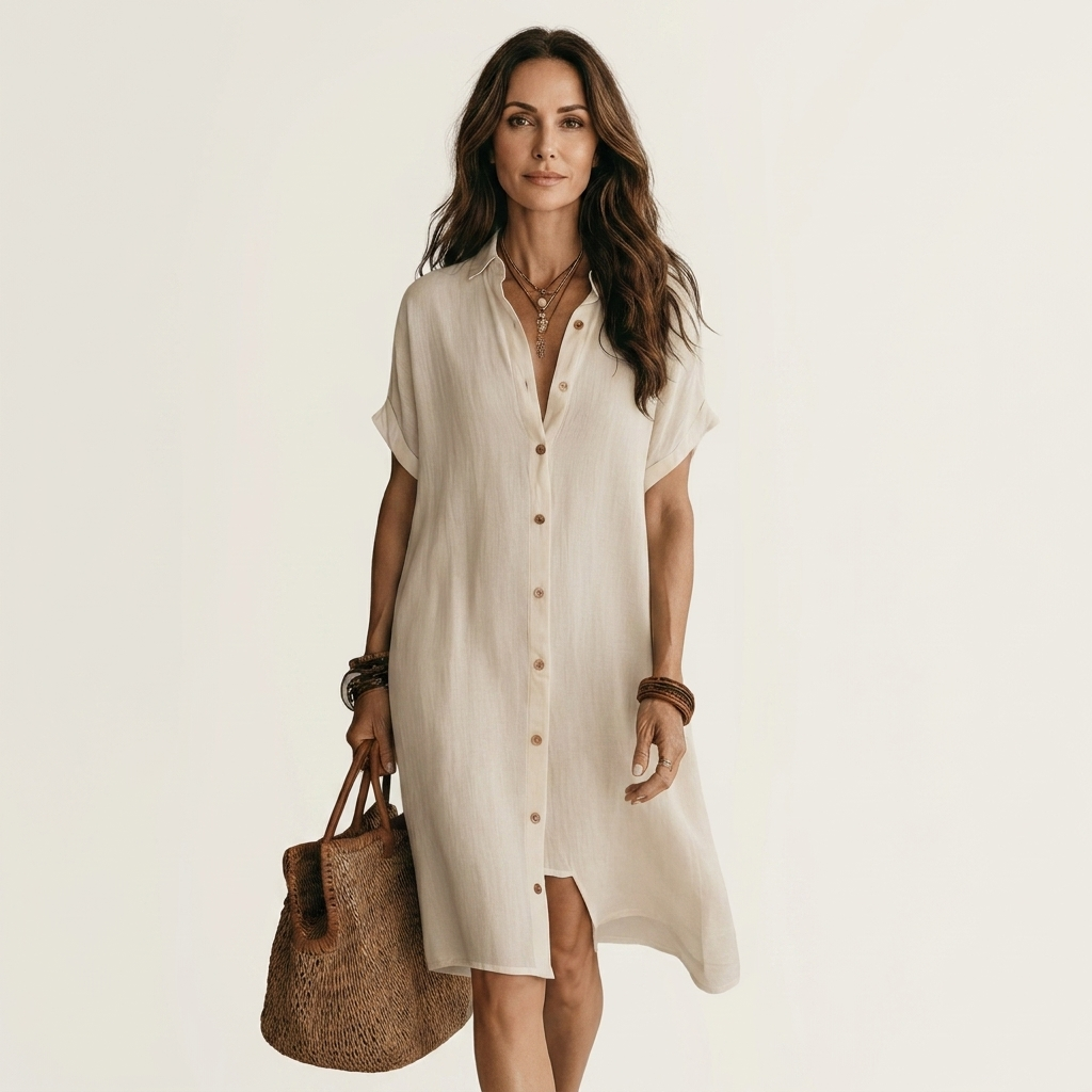 Nidalie | Vestido Camisero Midi de Algodón-lino con Puños Vueltos