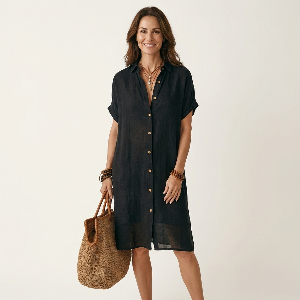 Nidalie | Vestido Camisero Midi de Algodón-lino con Puños Vueltos