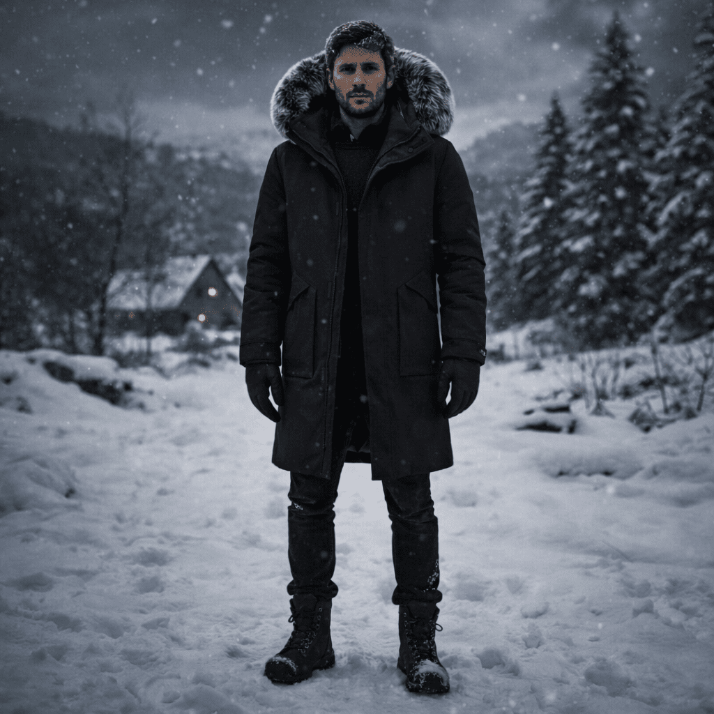 Higinio | Parka de Invierno Cortavientos con Capucha de Pelo Sintético - Negro