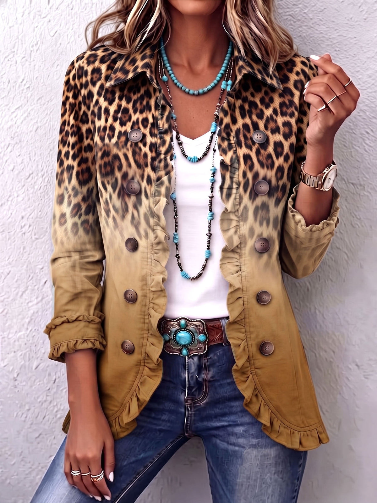 Hilaria | Chaqueta de Mujer Estampado Leopardo Degradado con Volantes