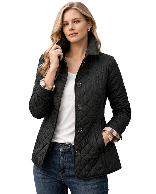 Hilda | Chaqueta Acolchada de Rombos con Botones y Puños de Cuadros - Negro