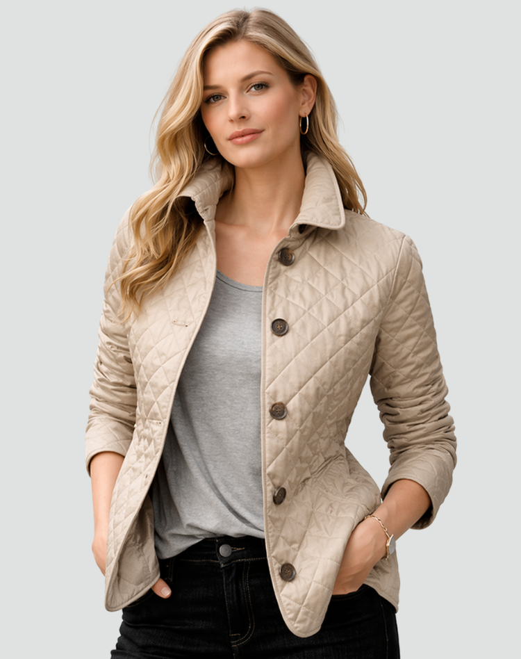 Hilda | Chaqueta Acolchada de Rombos con Botones y Puños de Cuadros - Beige arena