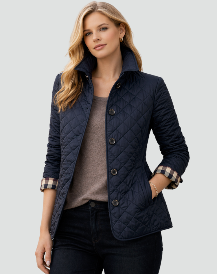Hilda | Chaqueta Acolchada de Rombos con Botones y Puños de Cuadros - Azul marino
