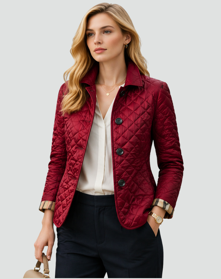 Hilda | Chaqueta Acolchada de Rombos con Botones y Puños de Cuadros - Burdeos