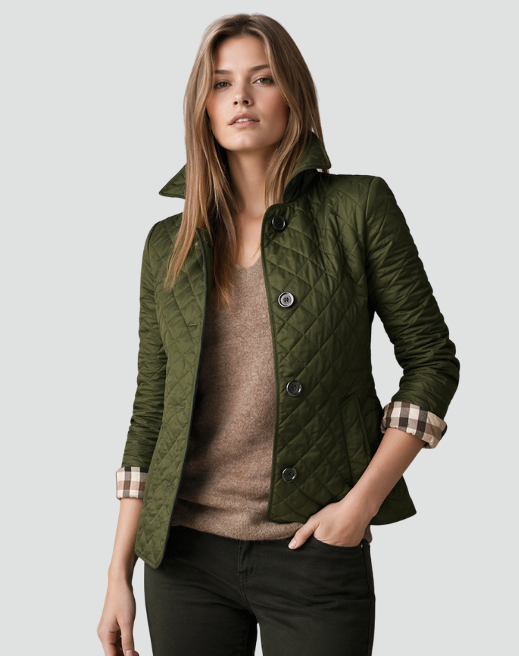 Hilda | Chaqueta Acolchada de Rombos con Botones y Puños de Cuadros - Verde oliva