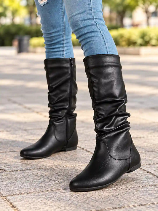 Hortensia | Botas Altas Planas Efecto Piel con Caña Fruncida