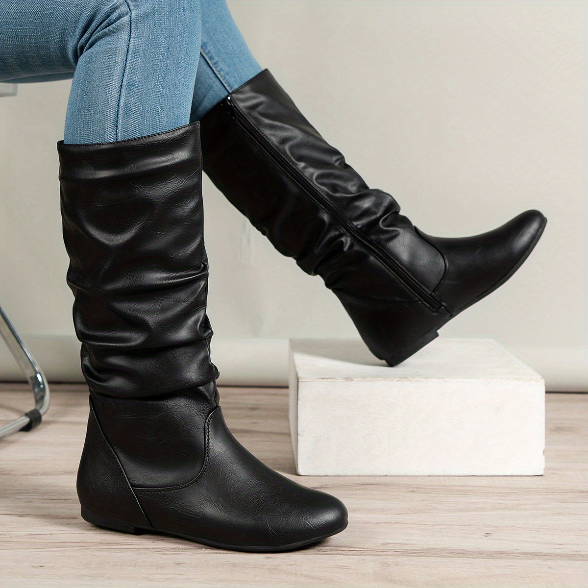Hortensia | Botas Altas Planas Efecto Piel con Caña Fruncida - Negro