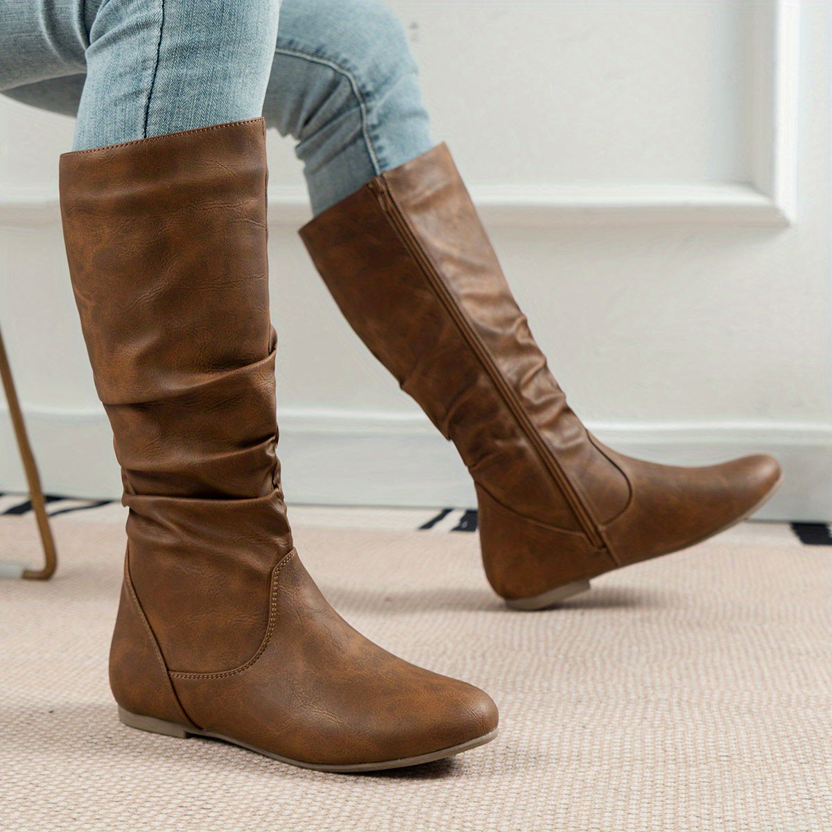 Hortensia | Botas Altas Planas Efecto Piel con Caña Fruncida - Marrón