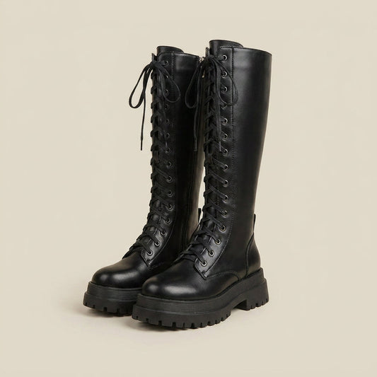 Ileana | Botas Altas con Cordones y Suela Track de Plataforma - Negro