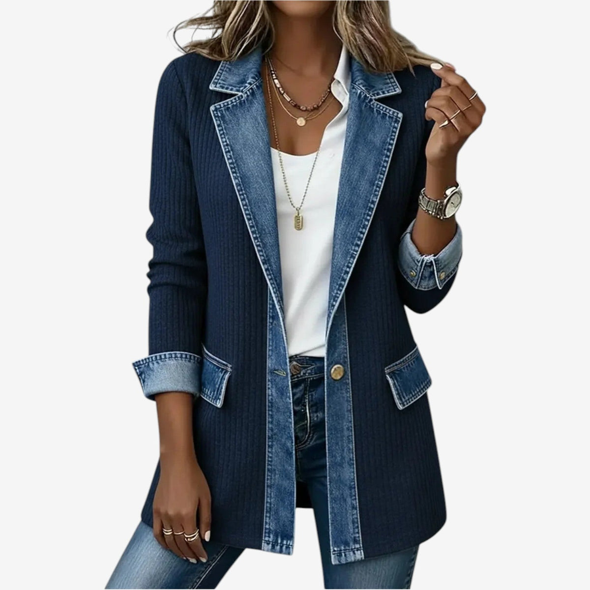 Chaqueta texturizada mujer cuello en capas botones