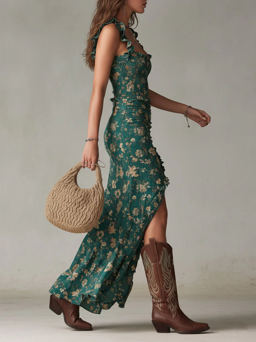Zara | Vestido Maxi Floral Bohemio Fruncido con Abertura Lateral