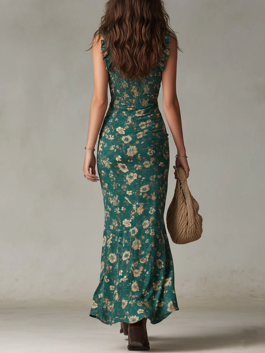 Zara | Vestido Maxi Floral Bohemio Fruncido con Abertura Lateral