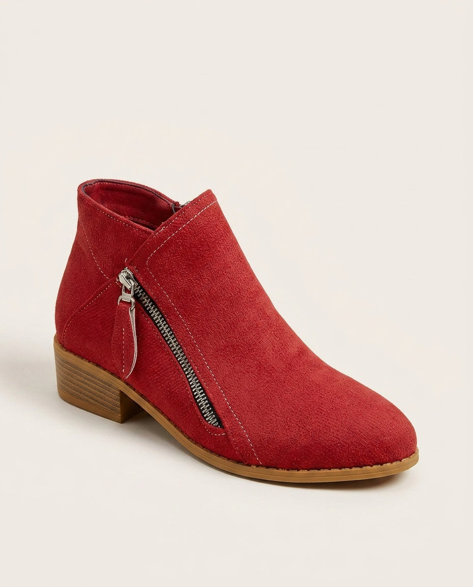 Iratxe | Botines Efecto Ante con Cremallera Lateral y Plantilla Acolchada - Rojo