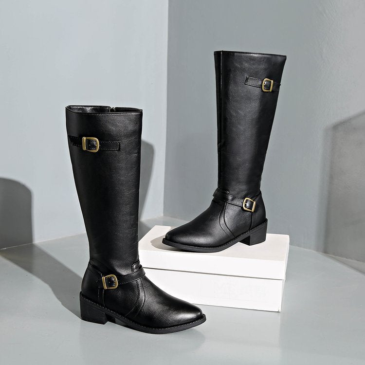 Itxaso | Botas Altas de Montar Efecto Piel con Hebillas y Tacón Ancho