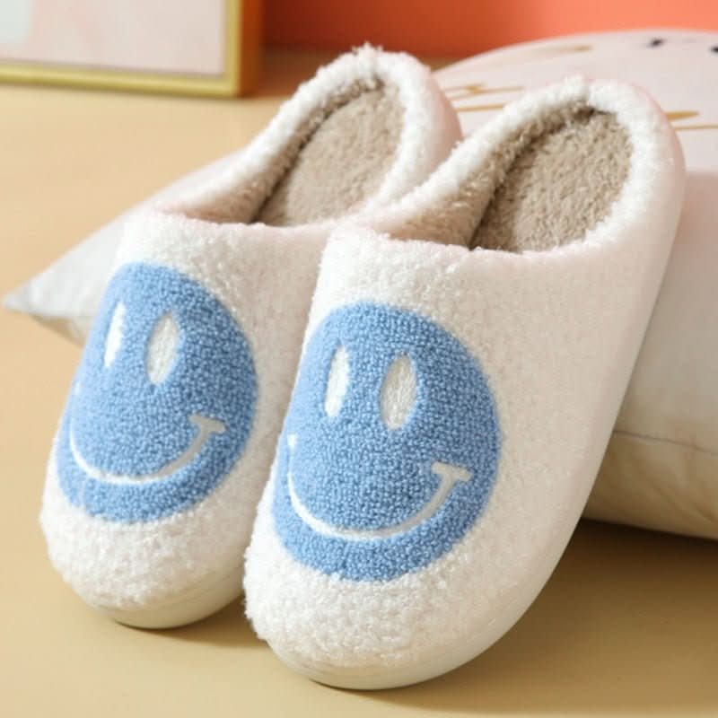 Jacinta | Zapatillas de Casa de Borreguito con Carita Sonriente - Blanco y azul