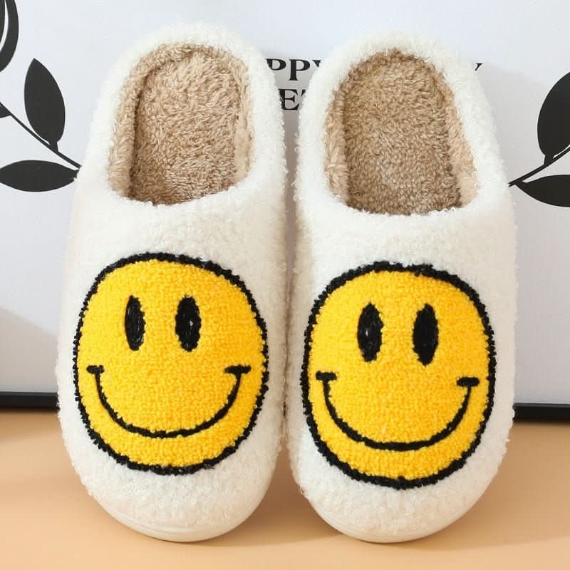 Jacinta | Zapatillas de Casa de Borreguito con Carita Sonriente - Blanco y amarillo