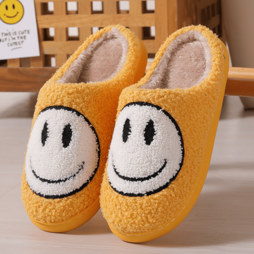 Jacinta | Zapatillas de Casa de Borreguito con Carita Sonriente - Mostaza