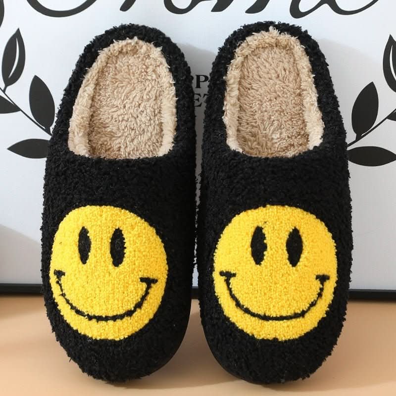 Jacinta | Zapatillas de Casa de Borreguito con Carita Sonriente - Negro