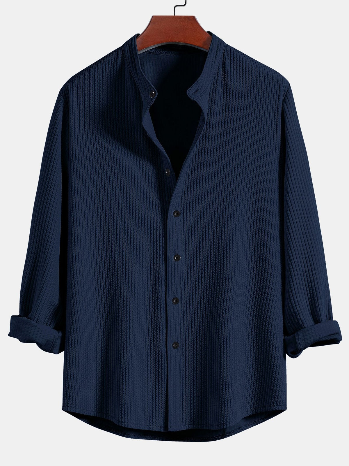 Camisa Acanalada de Manga Larga con Ajuste Musculoso y Cuello Levantado