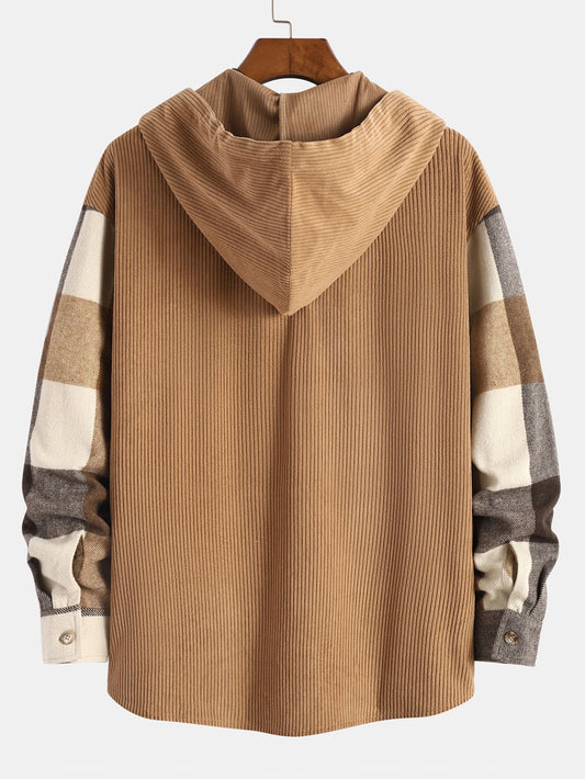 Camisa con Capucha de Ajuste Relajado de Franela a Cuadros y Parches de Pana