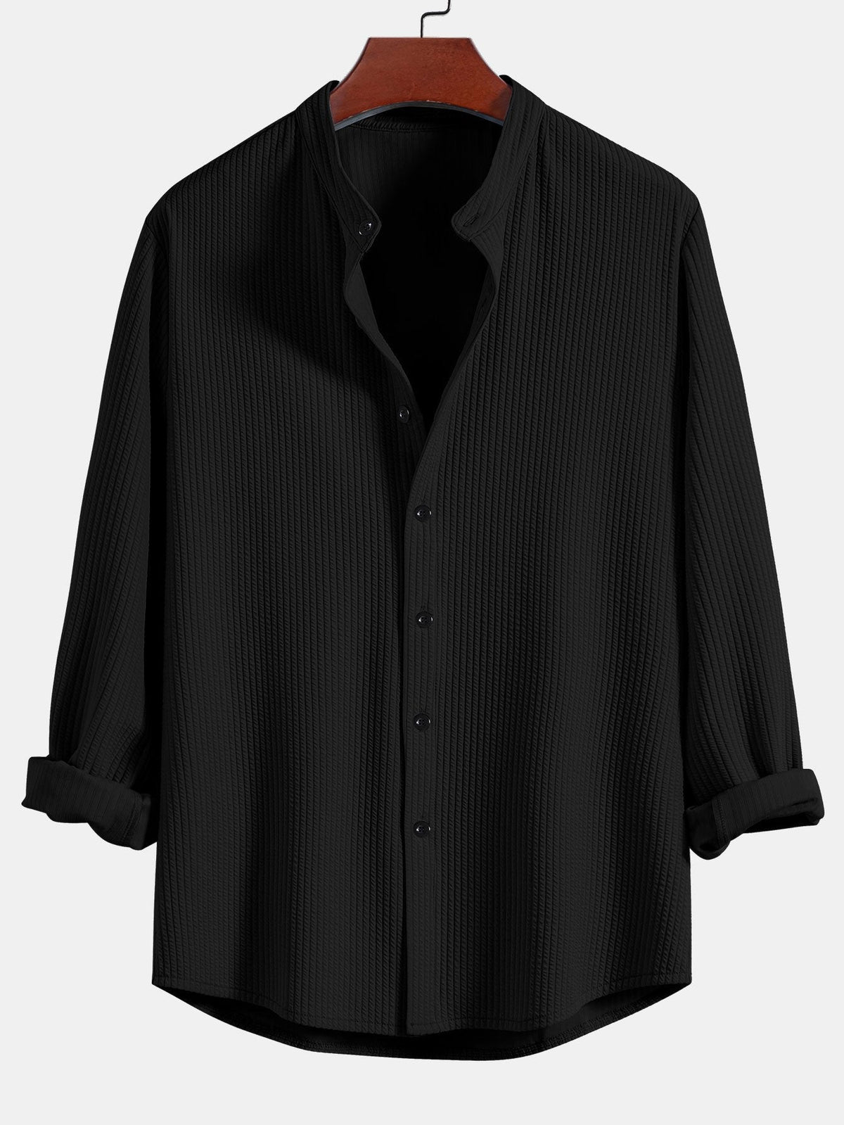Camisa Acanalada de Manga Larga con Ajuste Musculoso y Cuello Levantado