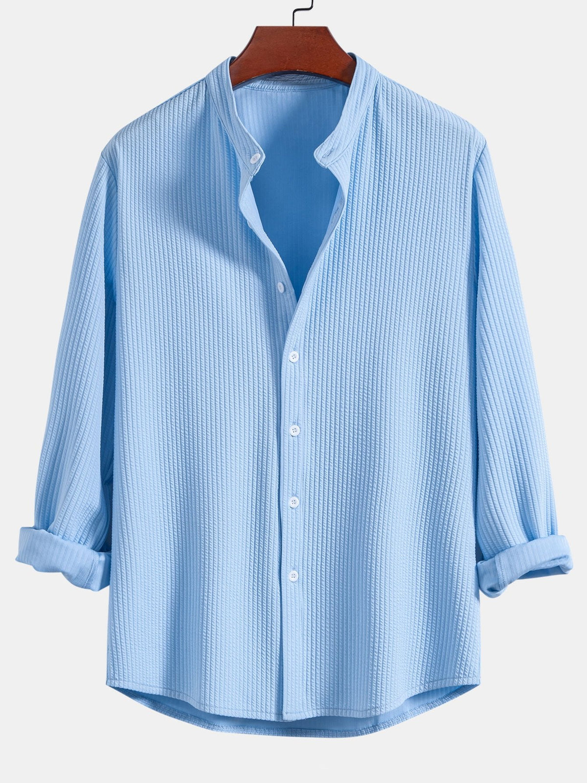 Camisa Acanalada de Manga Larga con Ajuste Musculoso y Cuello Levantado