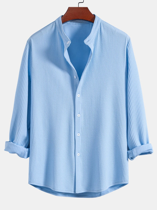 Camisa Acanalada de Manga Larga con Ajuste Musculoso y Cuello Levantado