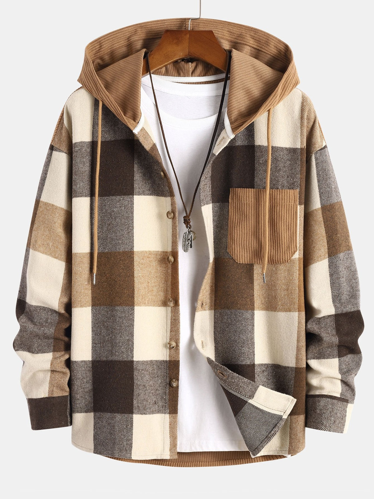 Camisa con Capucha de Ajuste Relajado de Franela a Cuadros y Parches de Pana