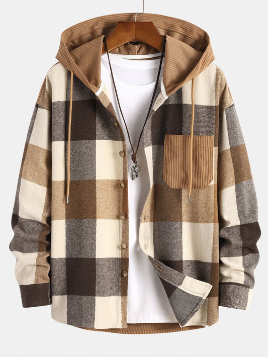 Camisa con Capucha de Ajuste Relajado de Franela a Cuadros y Parches de Pana