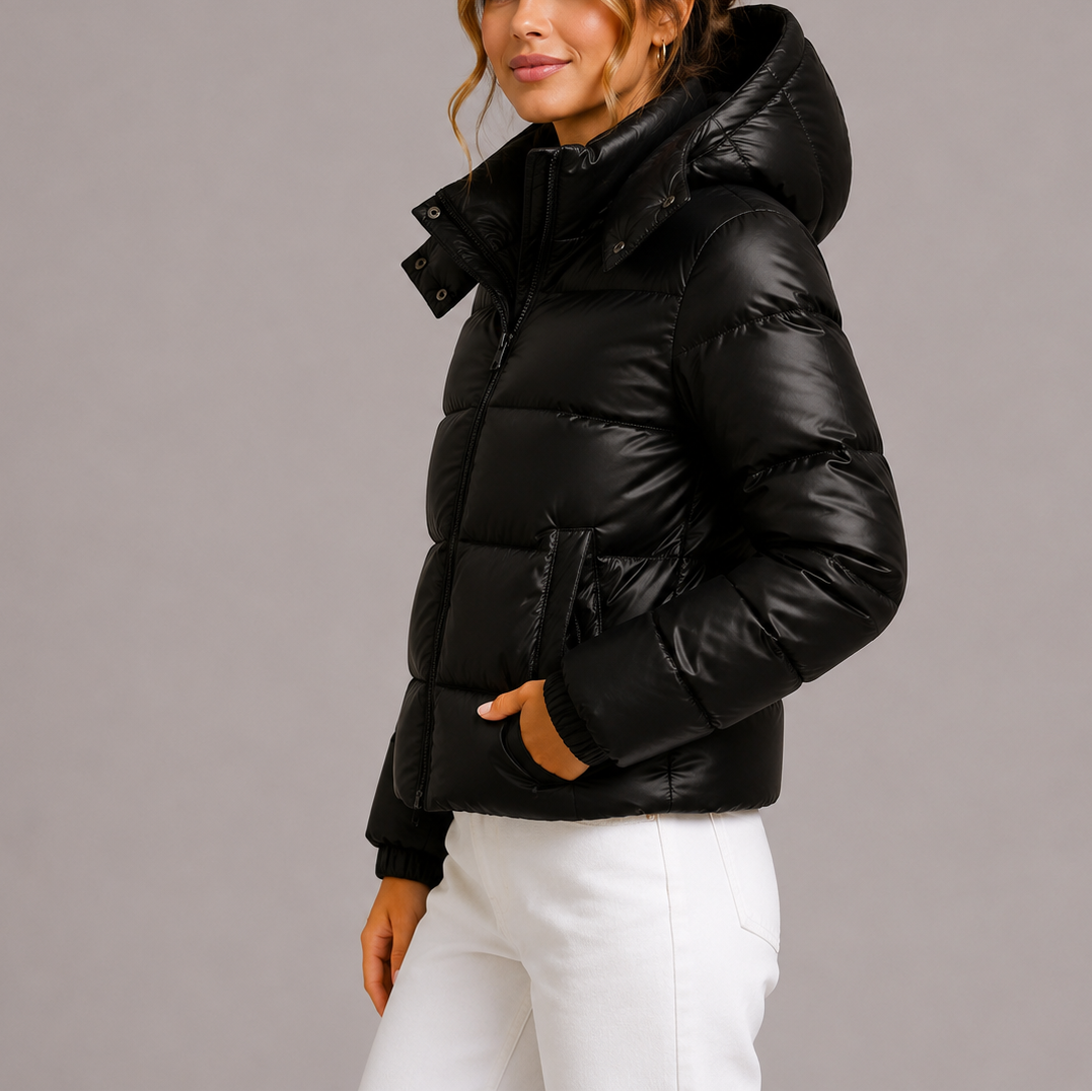 Juana | Chaqueta Acolchada Ligera Brillante con Capucha - Negro