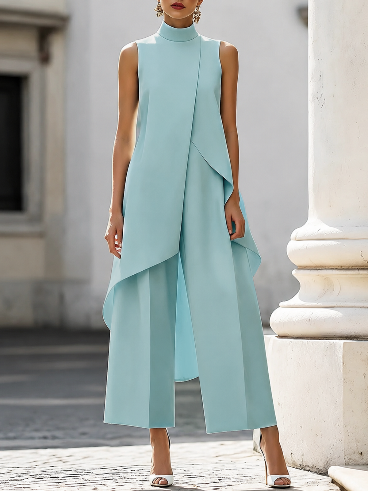 Mono largo mujer cuello alto y pantalón de pierna ancha
