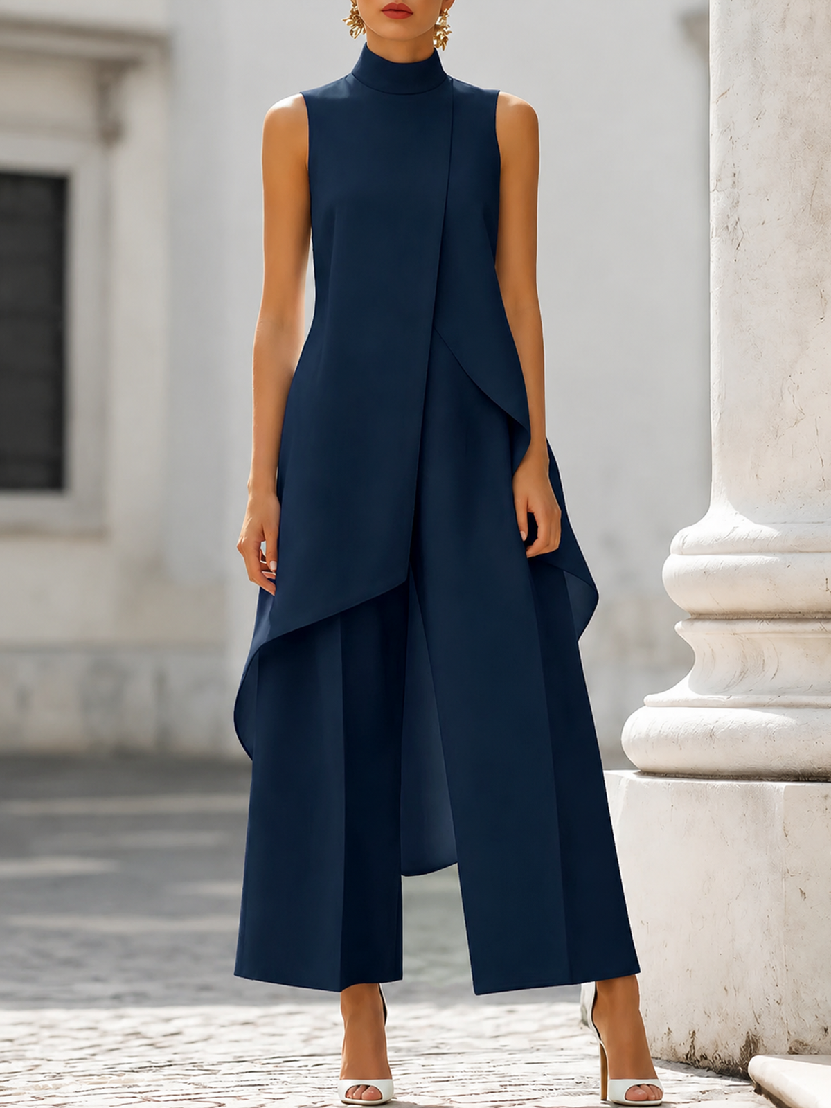 Mono largo mujer cuello alto y pantalón de pierna ancha