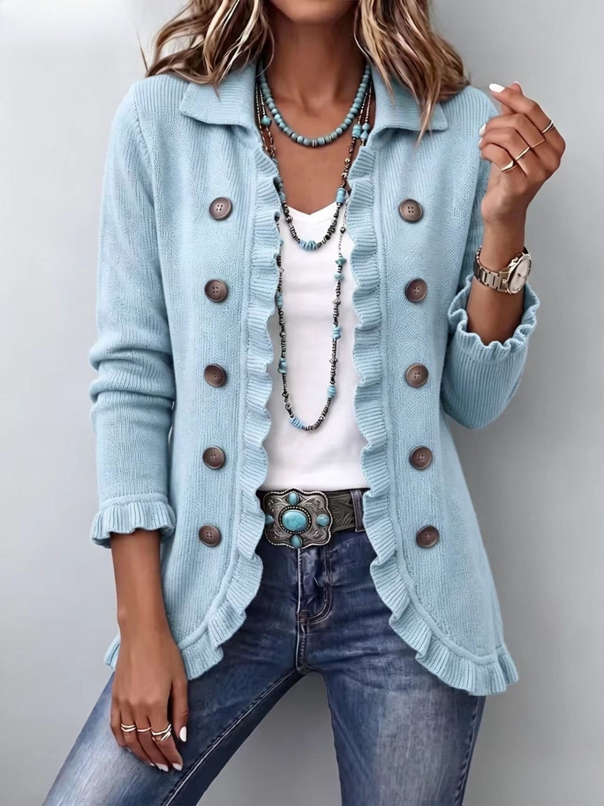 Lavinia | Chaqueta de Punto con Volantes y Doble Botonadura Azul Empolvado - Azul empolvado
