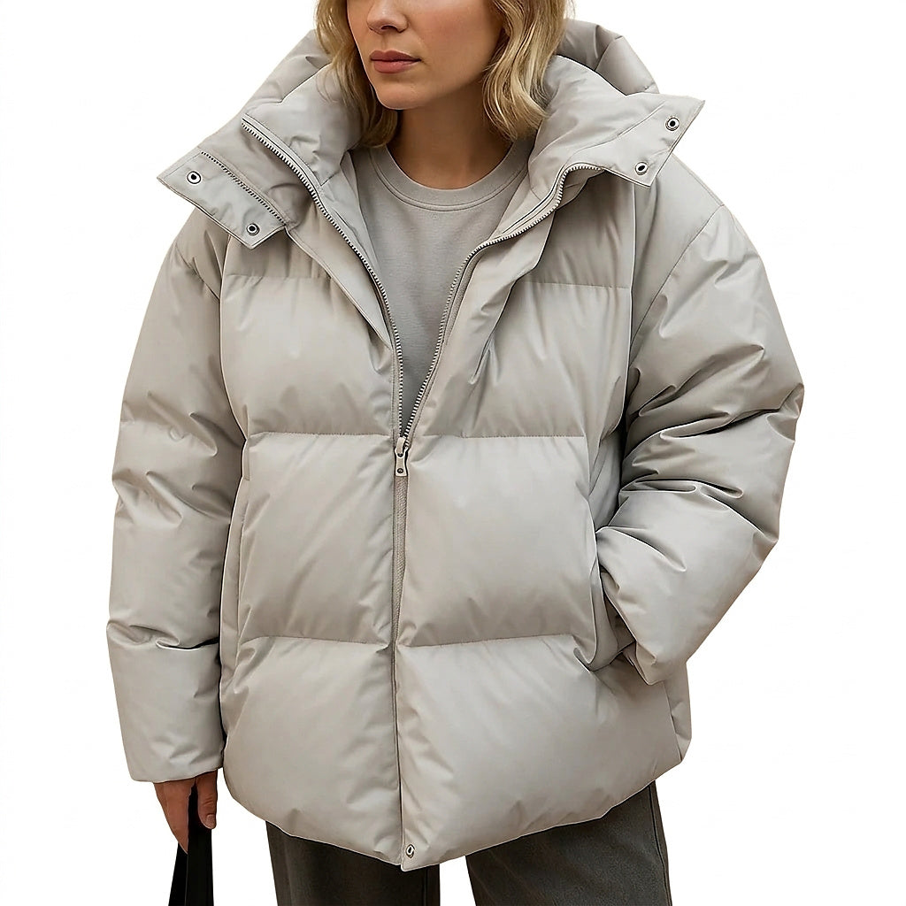 Leonor | Chaqueta Acolchada Oversize con Capucha y Cuello Alto - Gris claro