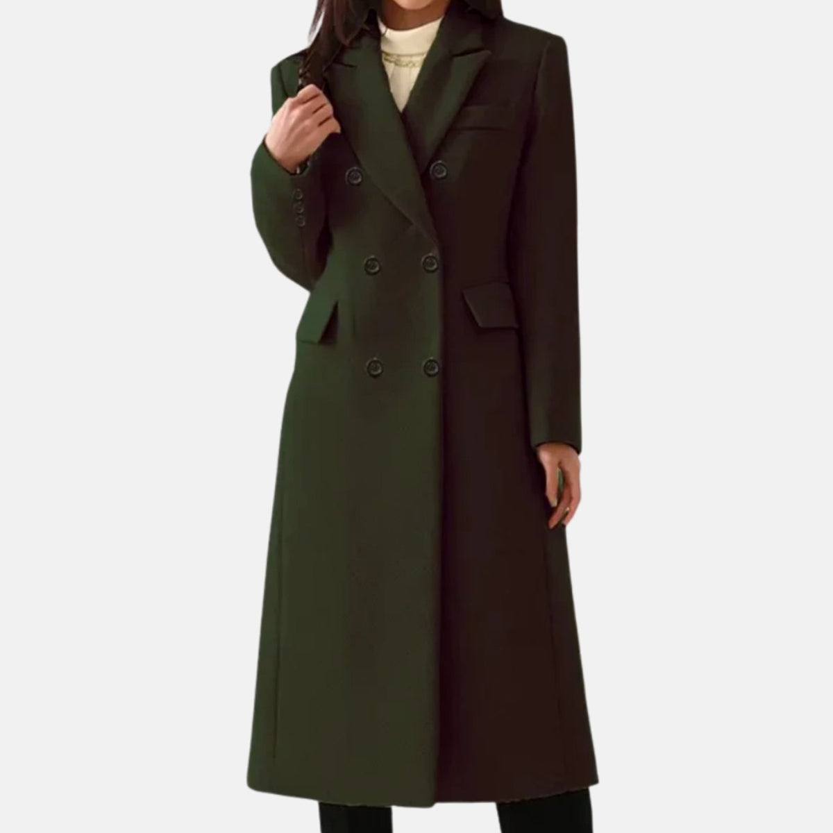 Ludmila | Abrigo Largo Cruzado Entallado Tacto Lana con Solapas - Verde oscuro