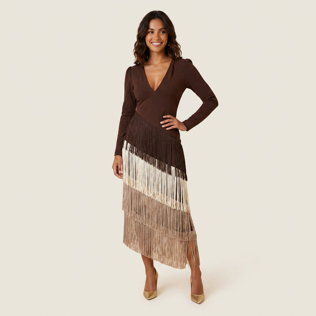 Luisa | Vestido Midi de Manga Larga con Flecos Escalonados y Escote en Pico - Marrón