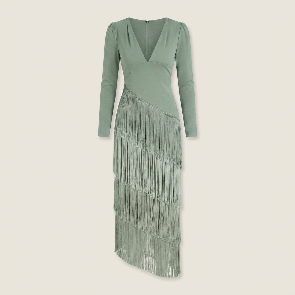 Luisa | Vestido Midi de Manga Larga con Flecos Escalonados y Escote en Pico