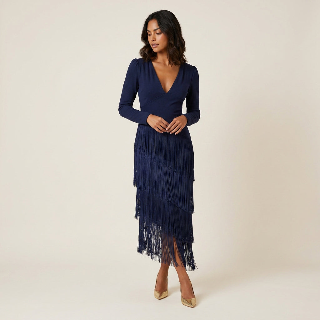 Luisa | Vestido Midi de Manga Larga con Flecos Escalonados y Escote en Pico - Azul marino