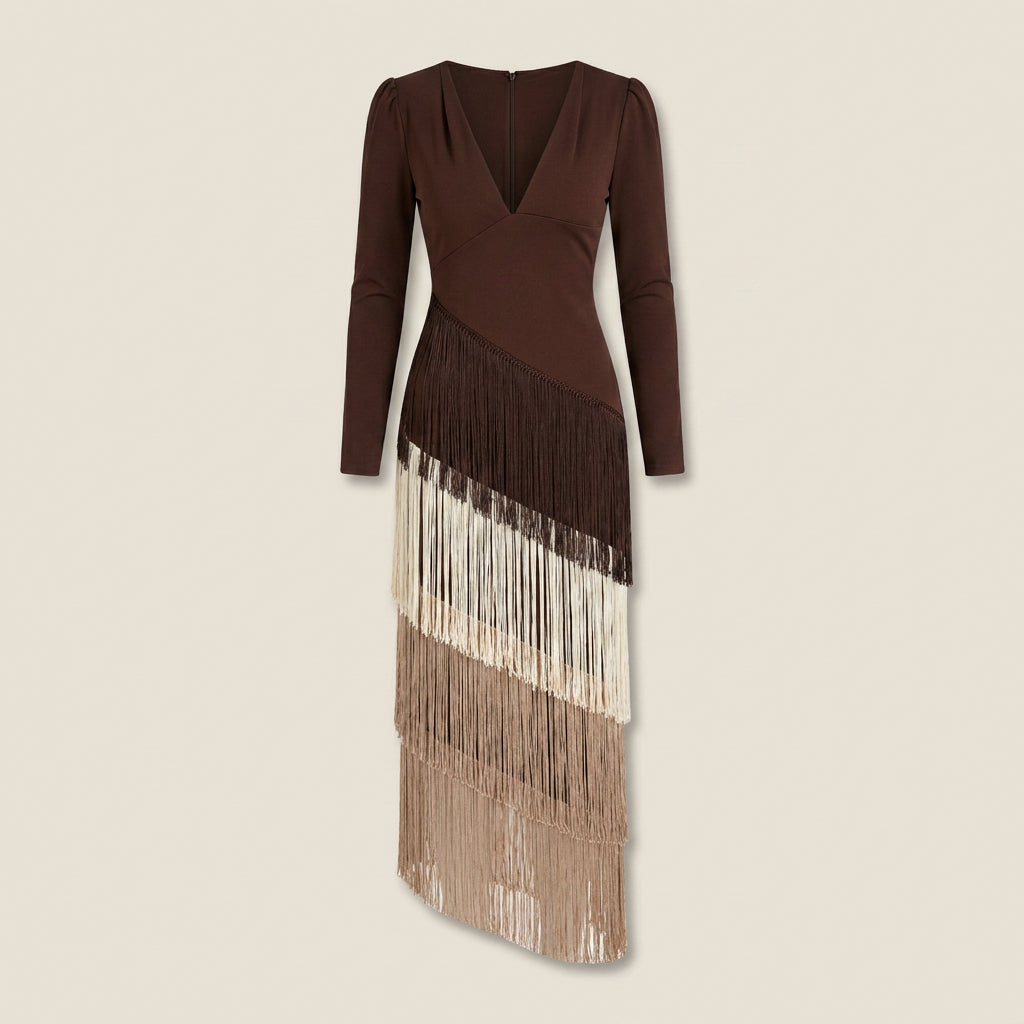 Luisa | Vestido Midi de Manga Larga con Flecos Escalonados y Escote en Pico