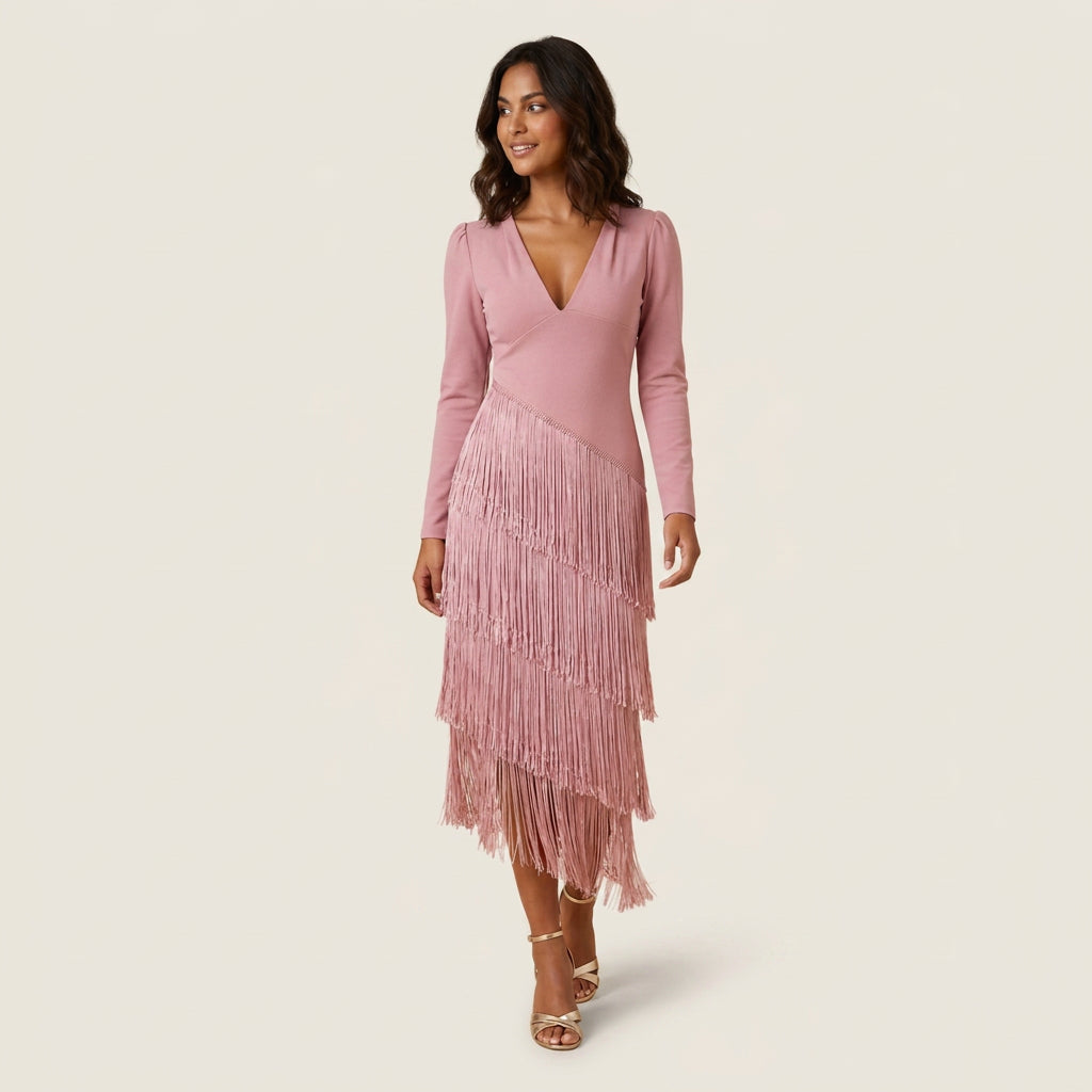 Luisa | Vestido Midi de Manga Larga con Flecos Escalonados y Escote en Pico - Rosa