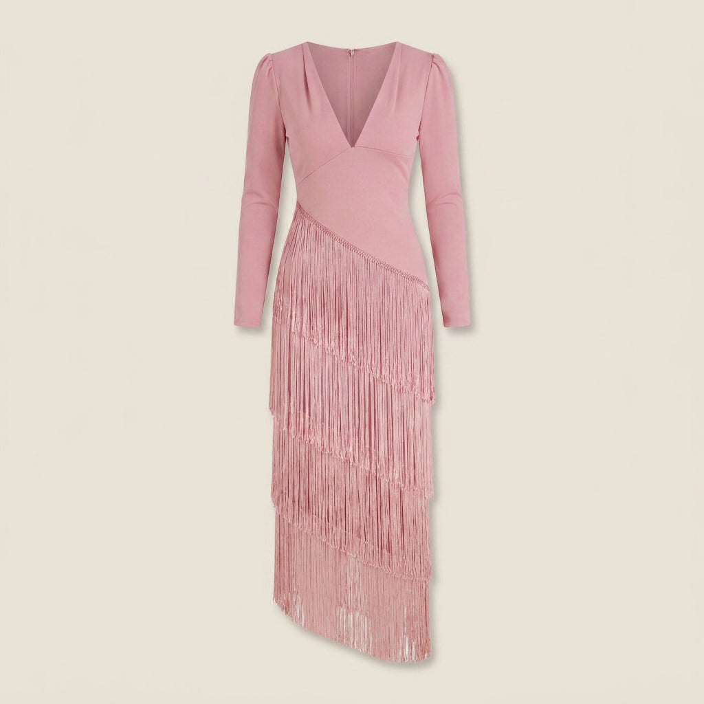 Luisa | Vestido Midi de Manga Larga con Flecos Escalonados y Escote en Pico