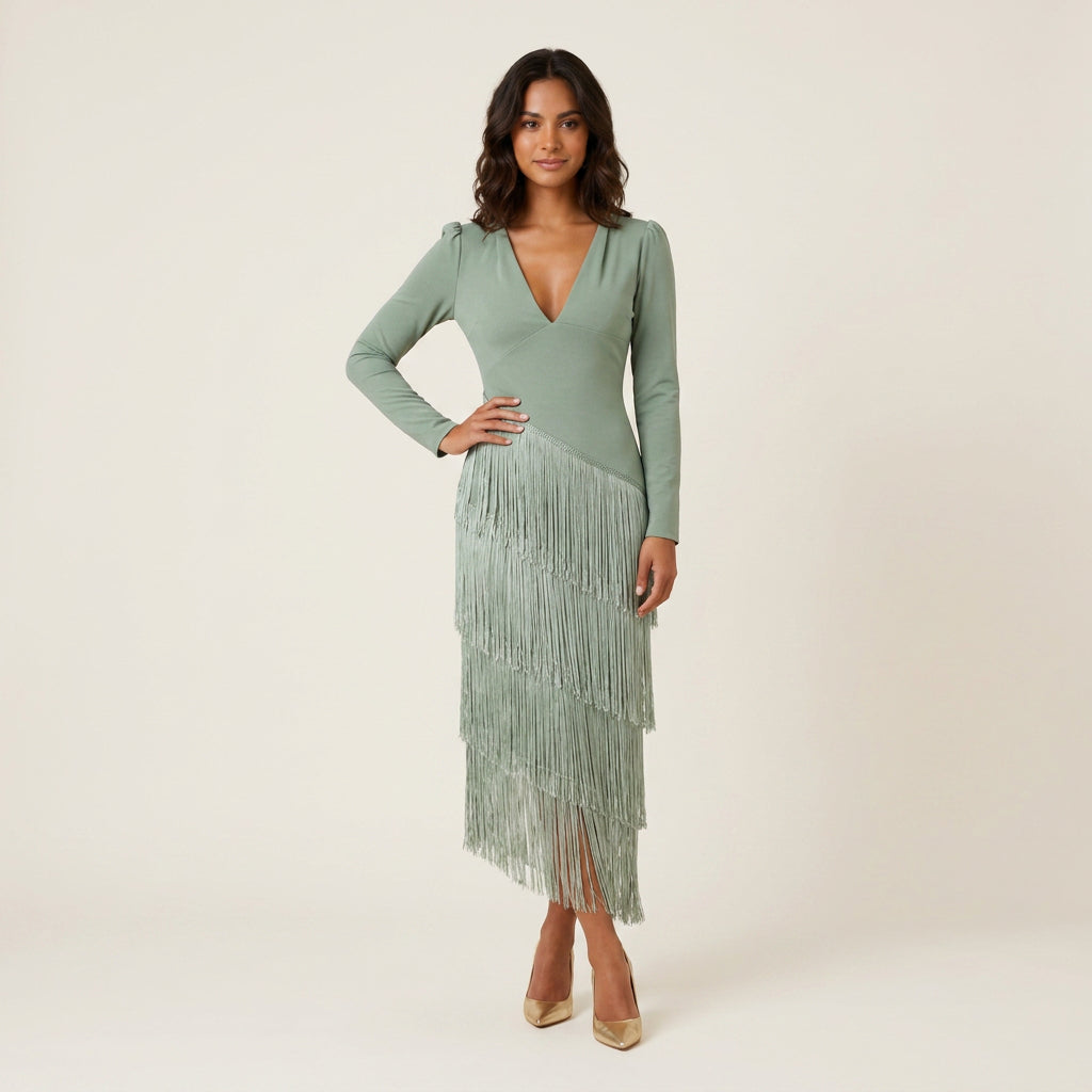 Luisa | Vestido Midi de Manga Larga con Flecos Escalonados y Escote en Pico - Verde salvia